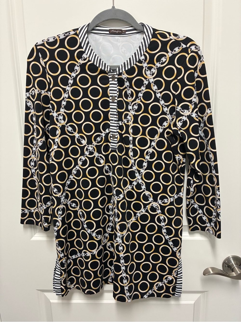 J McLaughlin Tunic Top in black, gray, gold Size M Excellent used condition.